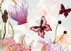 Grafika, 2D, Motyle, Kwiaty