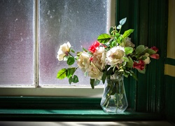 Bukiet, Kwiatów, Róże, Okno