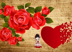 Grafika, Miłość, Serce, Czerwone, Róże, Laleczka