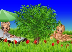 Łąka, Leżak, Drzewo, Kwiaty, Parasol, Grafika 2D