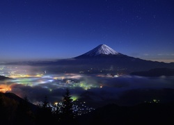 Japonia, Wulkan, Fudżi, Noc, Miasto, Mgła, Drzewa