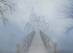 Most, Zamek, Mgła, Księżyc, Ptaki, Fantasy