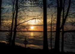 Jezioro, Zachód słońca, Drzewa
