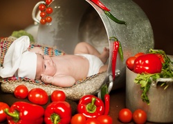 Dziecko, Garnki, Papryka, Pomidory