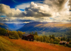 Góry, Pochmurne, Niebo, Domy, Las, Jesień, Norwegia