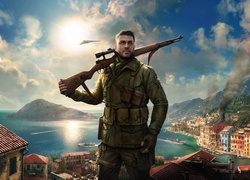 Sniper Elite 4, Żołnierz, Karabin, Miasto, Słońce, Samolot, Statki, Dym