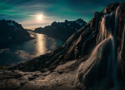Góry, Wschód słońca, Fiord, Grenlandia, Wodospad