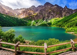 Polska, Dolina Rybiego Potoku, Góry Tatry, Mięguszowickie Szczyty, Jezioro Morskie oko,  Drzewa, Ogrodzenie