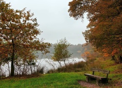 Park, Rzeka, Mgła, Ławeczka