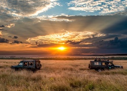 Pole, Afryka, Safari, Zachód słońca, Samochody