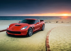 Samochód, Czerwony, Chevrolet, Corvette, Morze, Plaża