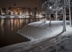 Zima, Park, Ławeczki, Miasto, Noc