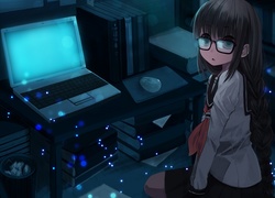 Dziewczyna, Okulary, Pokój, Biurko, Laptop, Myszka, Książki, Kosz, Manga, Anime