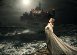 Kobieta, Morze, Noc, Zamek