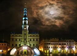 Zamość, Ratusz, Rynek, Noc, Neony