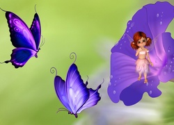 Fioletowy, Kwiat, Motyle, Laleczka, Grafika