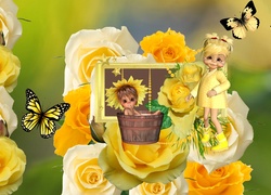 żółte, Róże, Laleczki, Motyle, Grafika