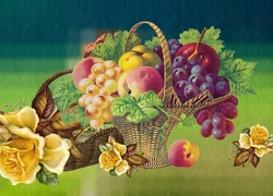 Grafika, Vintage, Kosz, Owoce, Winogrona, Brzoskwinie, Kwiaty, Róże