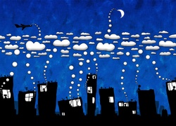 Noc, Samolot, Księżyc, Chmury, Miasto, Bloki, Rysunek