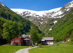 Norwegia, Odda, Góry, Śnieg, Las, Droga, Dom