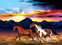 Konie, Góry, Kolory Nieba
