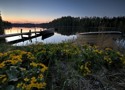 Jezioro, Łodzie, Wieczór, Pomost