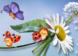 Biedronki, Motyl, Kwiat, Mlecz, Liść