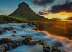 Wodospad, Góra, Wschód Słońca, Islandia