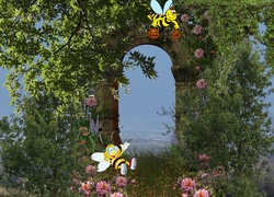 Grafika, Drzewa, Kwiaty, Pszczoły