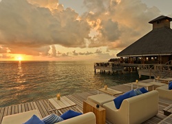 Malediwy, Zachód słońca, Zmierzch, Ośrodek, Ocean