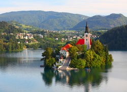 Słowenia, Jezioro Bled, Drzewa, Wyspa Blejski Otok, Kościół