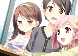 Dziewczyny, Chłopak, Stół, Talerz, Ciastka, Okno, Manga, Anime
