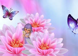 Kwiaty, Laleczka, Motyle, Grafika