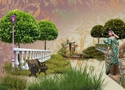 Grafika, Kobieta, Oczekiwanie, Park, Ławka, Drzewa, Trawa, Most