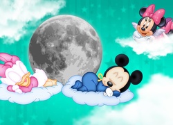 Chmury, Księżyc, Niebo, Daisy, Minnie, Mickey, Dla dzieci, Sen, Grafika