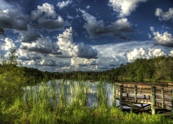 Jezioro, Zachmurzone, Niebo, Pomost, Roślinność, HDR