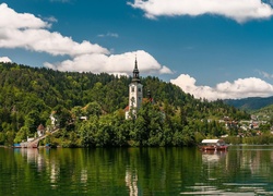 Jezioro Bled, Słowenia, Kościół, Domy, Łódki, Góry