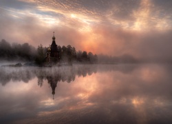 Jezioro, Mgła, Chmury, Cerkiew, Las