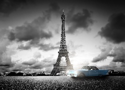 Paryż, Wieża Eiffla, Samochód, Niebieski