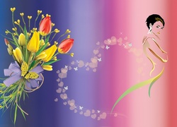Grafika, Miłość, Kobieta, Kwiaty, Bukiet, Tulipany