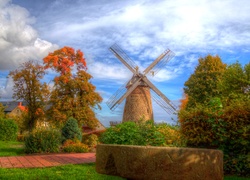 Jesień, Drzewa, Wiatrak, Dom, HDR