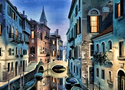 Wenecja, Domy, Kanał, Gondole, Wieczór