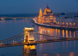Budapeszt, Dunaj, Most, Łańcuchowy, Parlament, Noc, Węgry