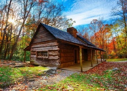 Stany Zjednoczone, Park Narodowy Great Smoky Mountains, Drzewa, Dom, Promienie słońca, Liście, Jesień