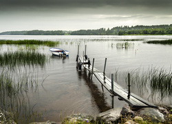 Jezioro, Pomost, Łódka, Trzciny