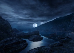 Góry, Rzeka, Księżyc, Noc