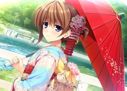 Dziewczyna, Kimono, Kwiaty, Parasol, Most, Rzeka, Tama, Las, Manga, Anime