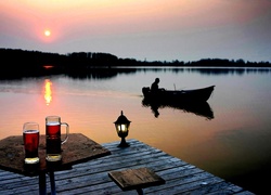 Jezioro, Zachód słońca, Rybak, Łódź