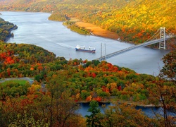 Jesień, Rzeka, Statek, Most, Drzewa, Drogi