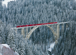 Pociąg, Most, Las, Zima, Śnieg, Szwajcaria